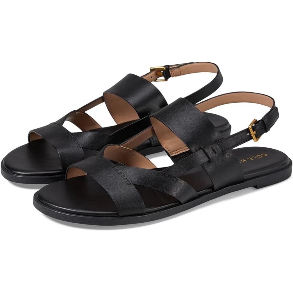 Nwt Cole Haan Women's Fawn Flat Sandal, Black Leather-Size 6.5 B